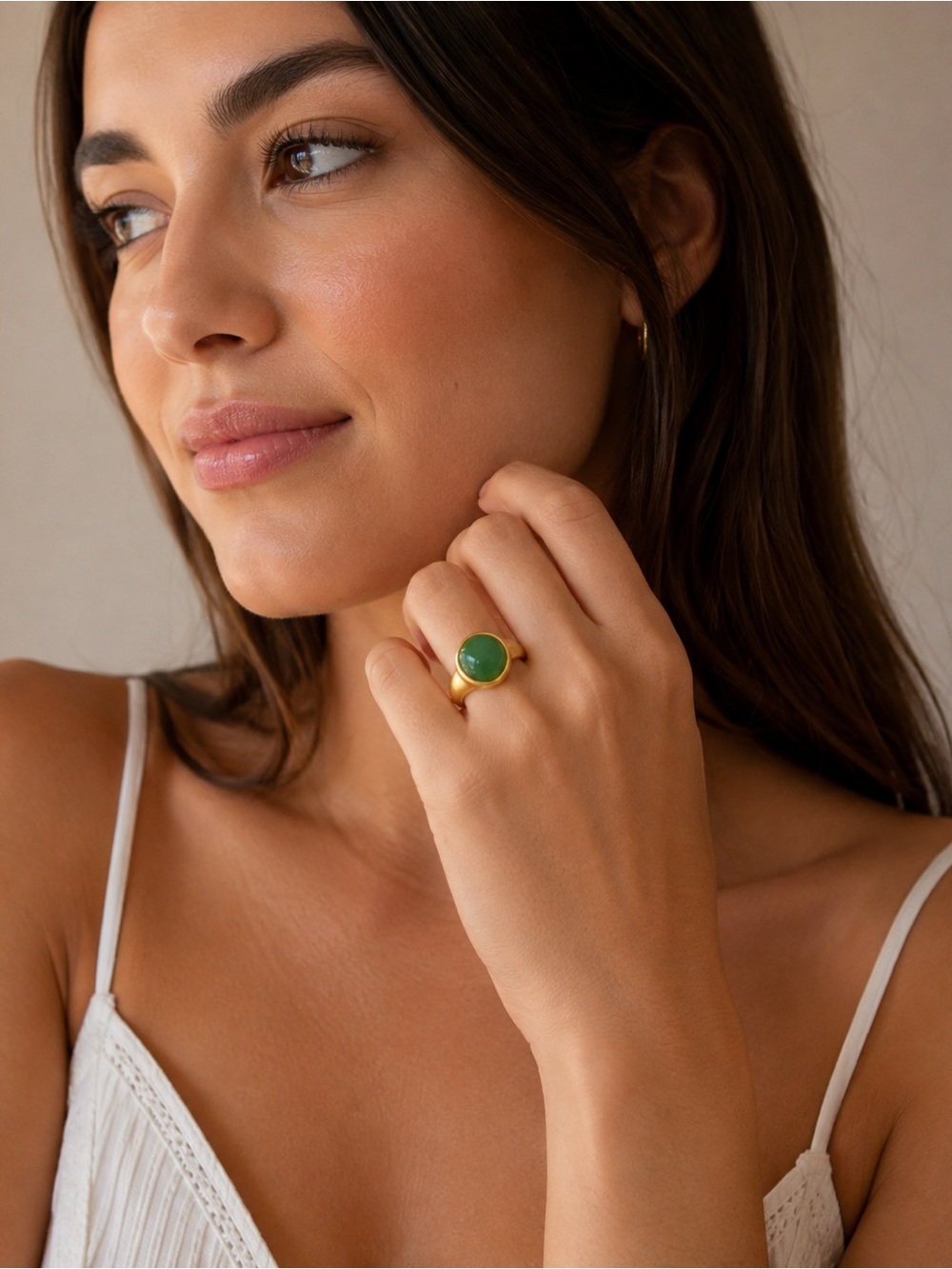 Gold-Plated Ring with Green Jade Stone - Women's Jewelry Sz 7 NEW
